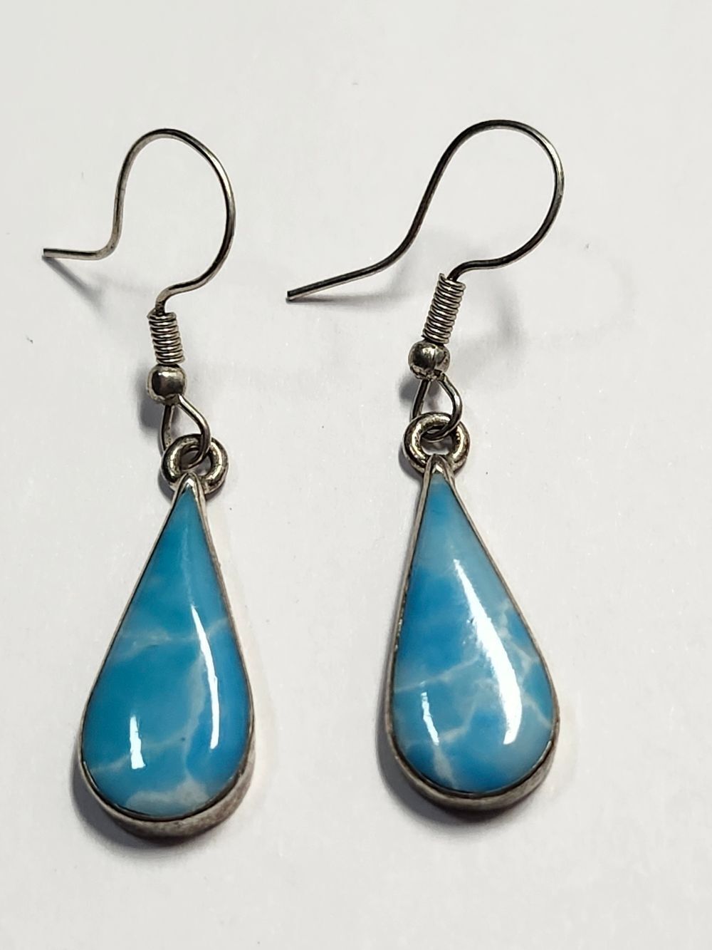 Sterling Silver Plated Teardrop Blue Faux Larimar Stone Dangle Earrings Mexico